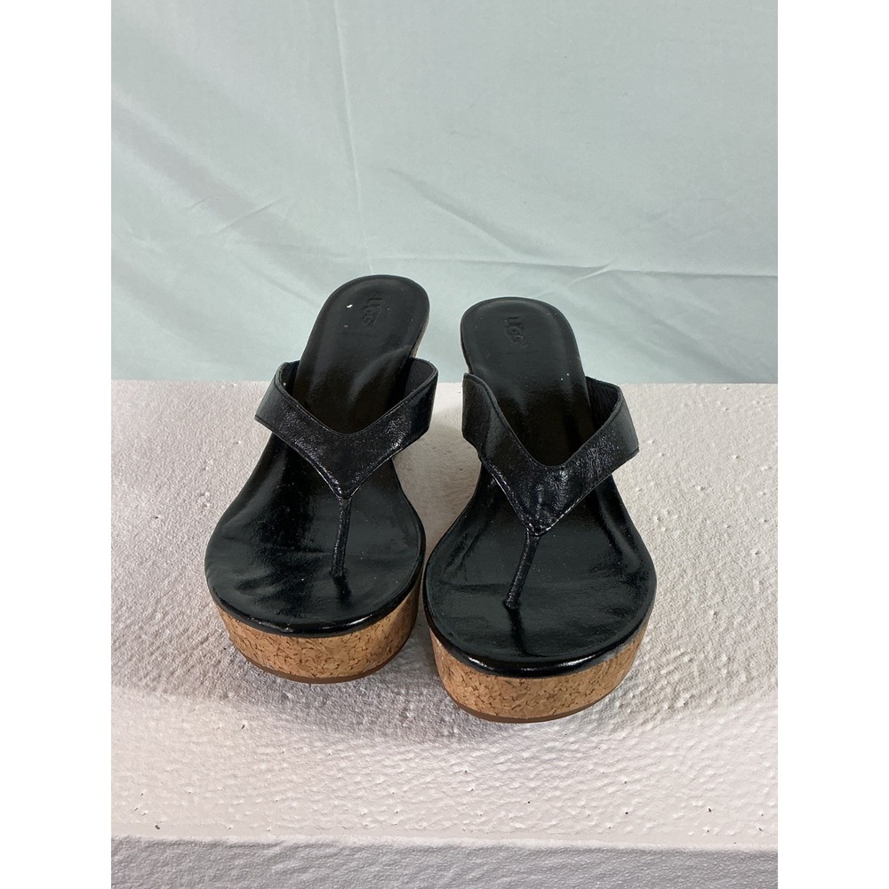 UGG Lucianna Black Leather Cork Wedge Thong Sandals 1004285 Womens 9.5